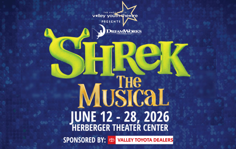 Graphic with a blue textured background and bold yellow‑green title Shrek the Musical, promoting Valley Youth Theatre’s production at the Herberger Theater Center.