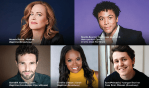 Graphic featuring five cast headshots with names and roles from various Ragtime and Broadway productions, promoting a Ragtime cast lineup.